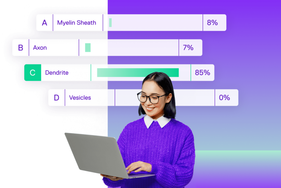 photo of woman with laptop with multiple choice poll floating in the background